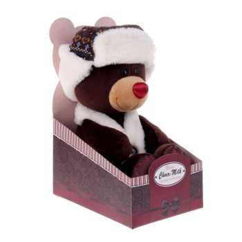 Медведь Choco сидячий в ушанке, 30 см