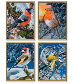 Раскраска по номерам акриловыми красками  Птицы зимой 4 картины