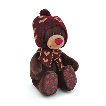 Медведь Choco сидячий в вязаной шапке с сердечками, Orange Toys