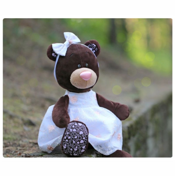 Медведь Milk сидячая в платье с вышивкой, 30 см