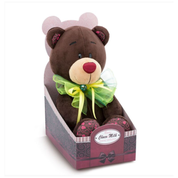 Мягкая игрушка Медведь Choco зеленый бант, 25 см
